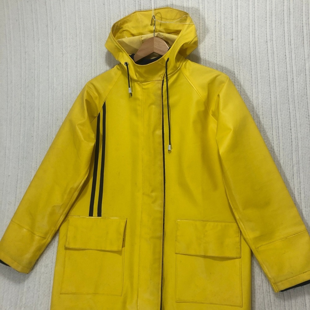 Vintage Bliss Marine Yellow Raincoat Hooded Rain Jacket Striped Fisherman Coat